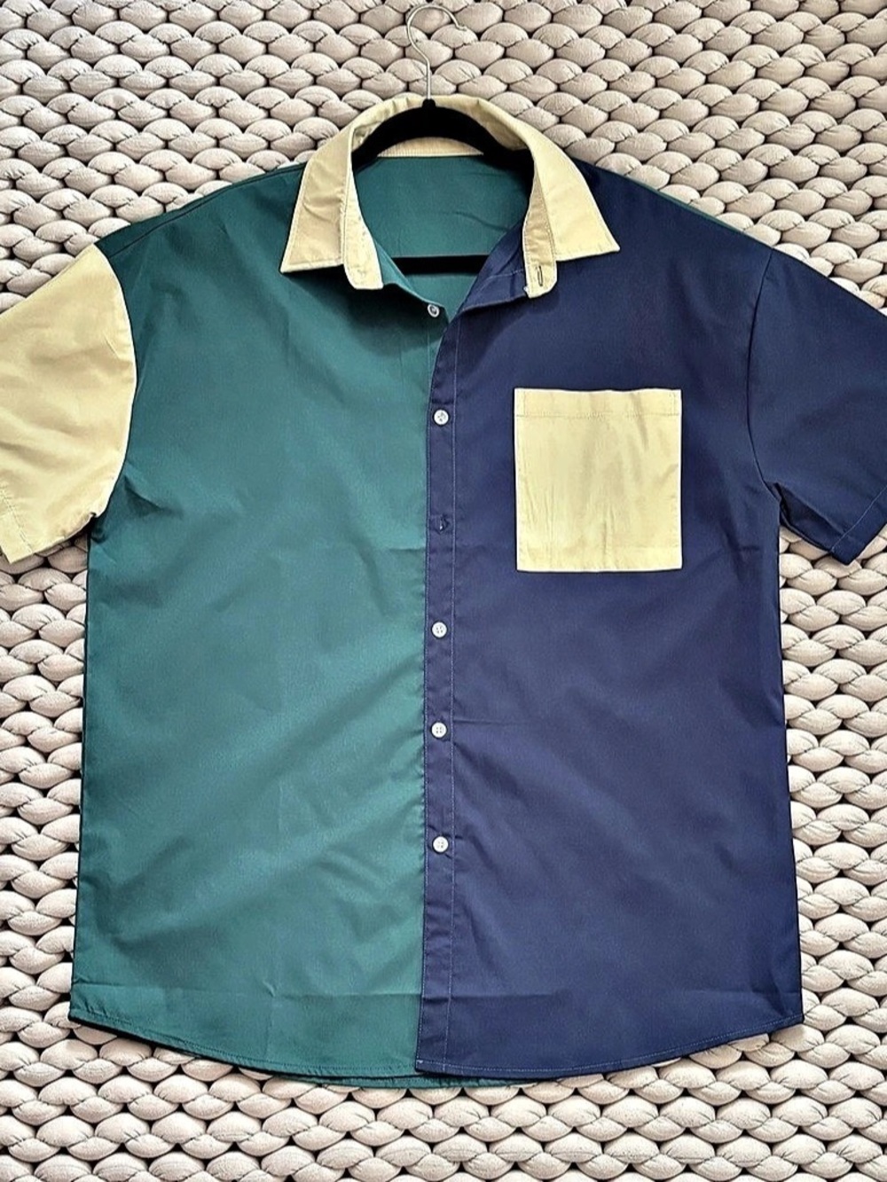 SHEIN Colorblock Short Sleeve Button Down Shirt Blue & Green Medium